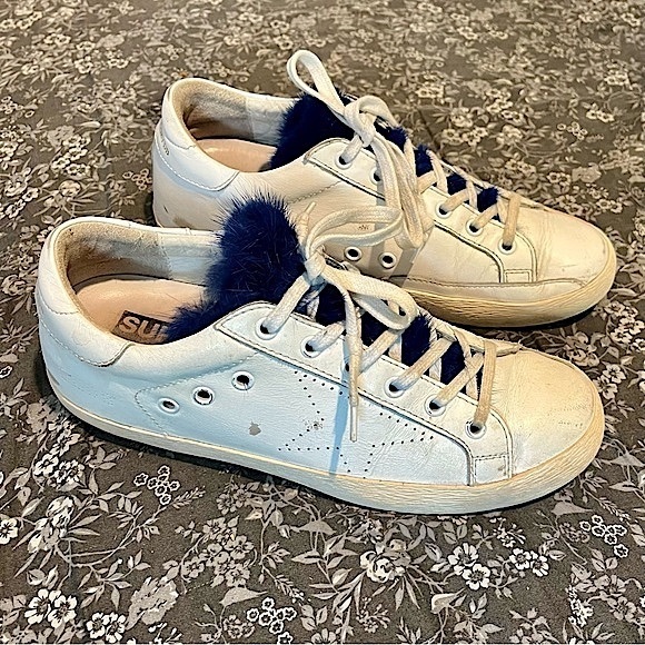 Golden Goose Deluxe Brand Superstar White & Blue Mink Fur Low Top Sneakers - Picture 2 of 16